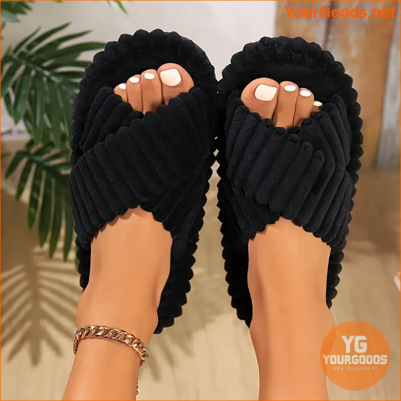 Cozy Fuzzy Crisscross Plush OpenToe Slippers - YourGoods Online Shop