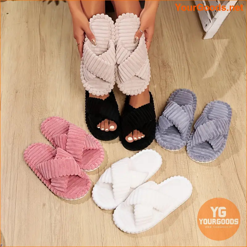 Cozy Fuzzy Crisscross Plush OpenToe Slippers - YourGoods Online Shop