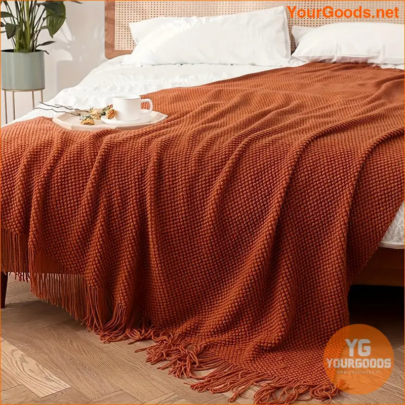 Cozy Orange Tassel Knitted Blanket Versatile Soft Warm Throw - YourGoods Online Shop