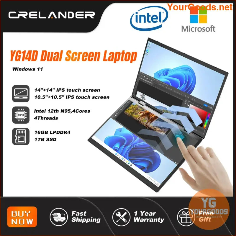 CRELANDER 14 Dual 2K Touchscreen 2 in 1 Laptop - YourGoods Online Shop