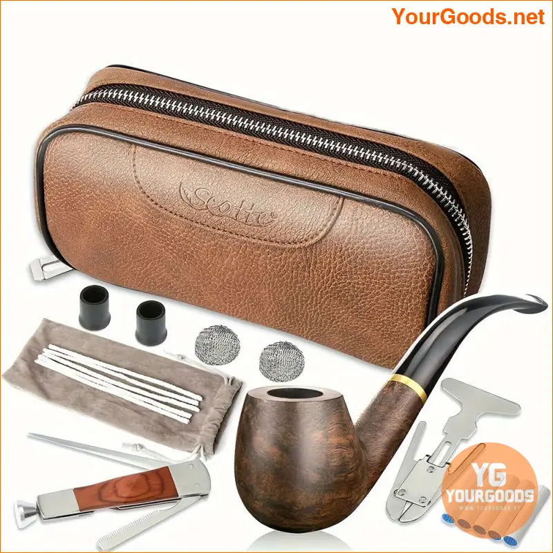 Elegant Brown Pear Wood Tobacco Pipe Set with Leather Pouch - YourGoods Online Shop