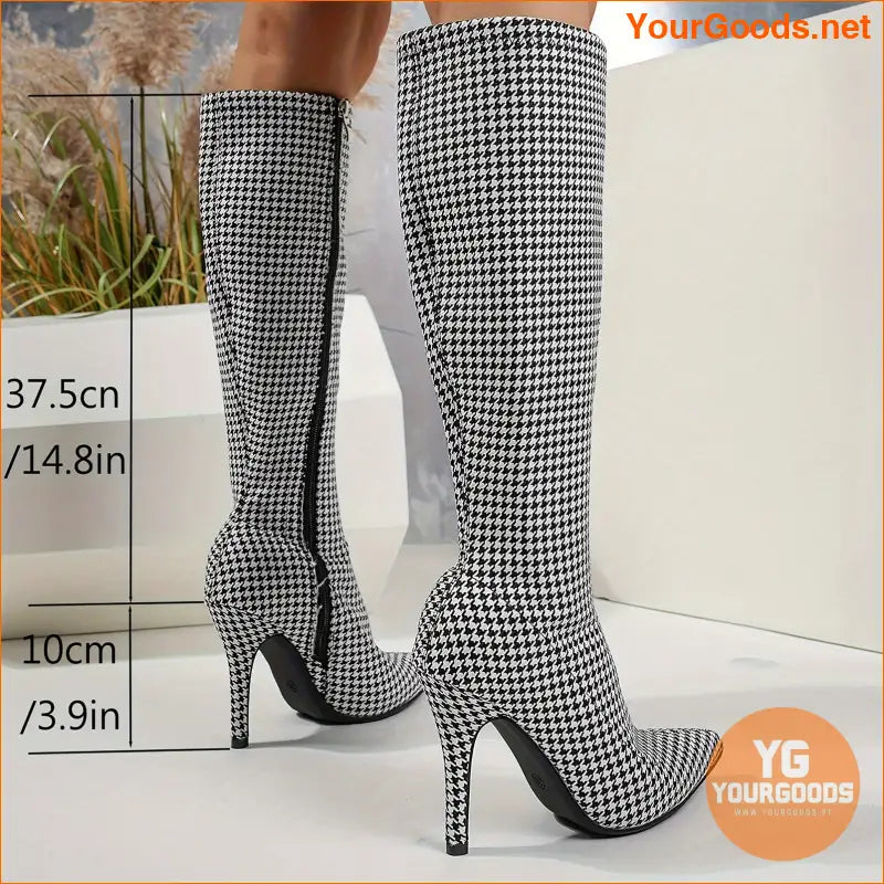 Elegant Houndstooth Stiletto Dress Boots with Side Zipper - YourGoods Online Shop