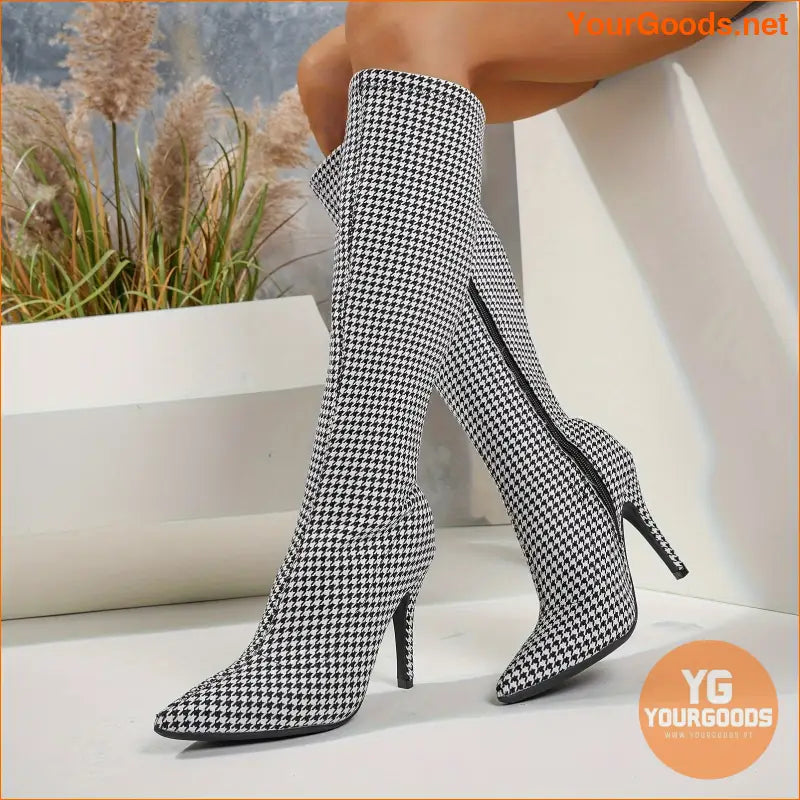 Elegant Houndstooth Stiletto Dress Boots with Side Zipper - YourGoods Online Shop