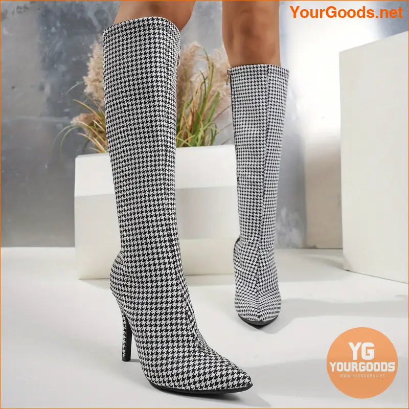 Elegant Houndstooth Stiletto Dress Boots with Side Zipper - YourGoods Online Shop