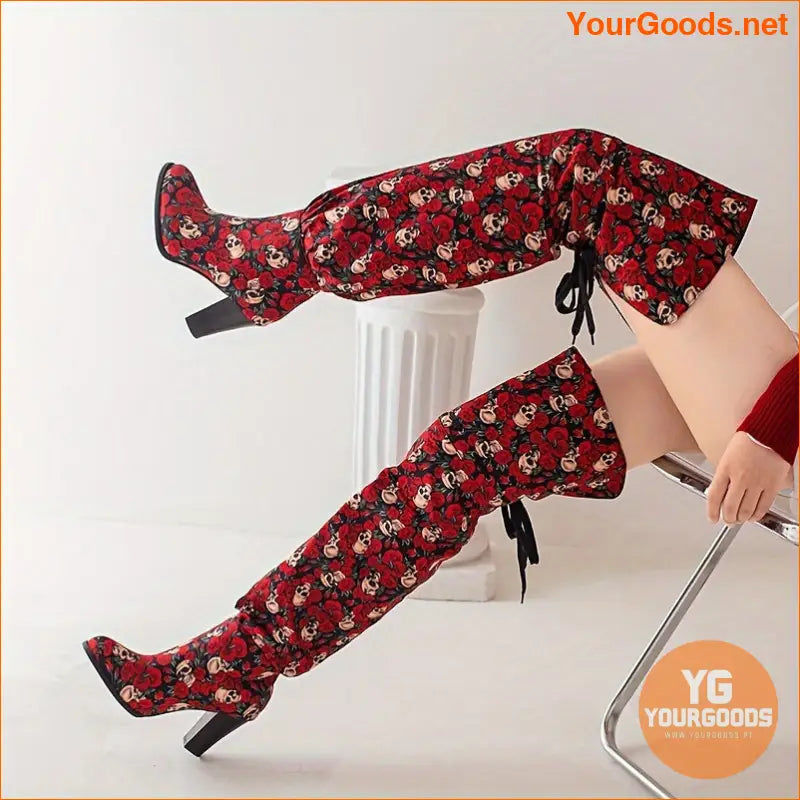 Elegant OvertheKnee Floral LaceUp Block Heel Boots - YourGoods Online Shop