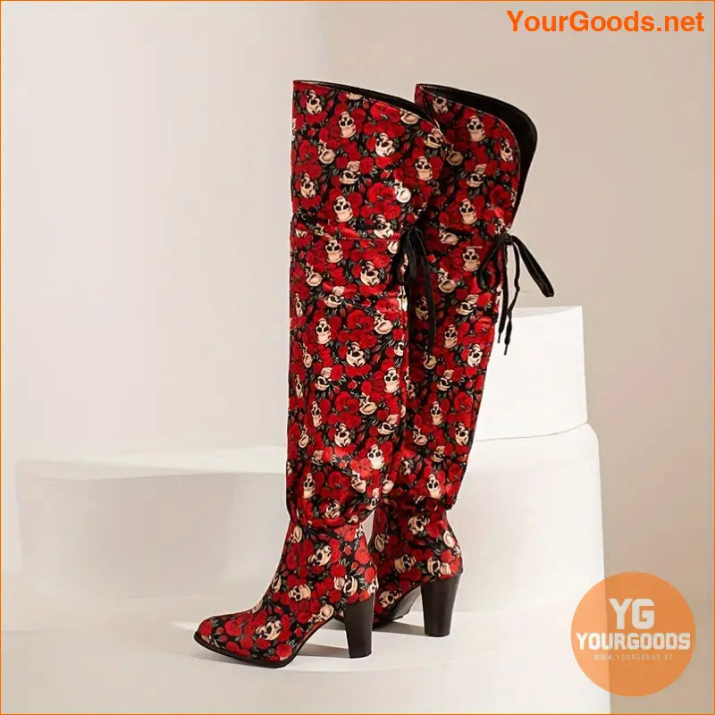 Elegant OvertheKnee Floral LaceUp Block Heel Boots - YourGoods Online Shop