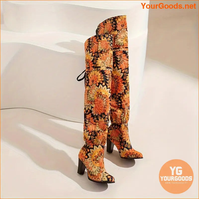 Elegant OvertheKnee Floral LaceUp Block Heel Boots - YourGoods Online Shop