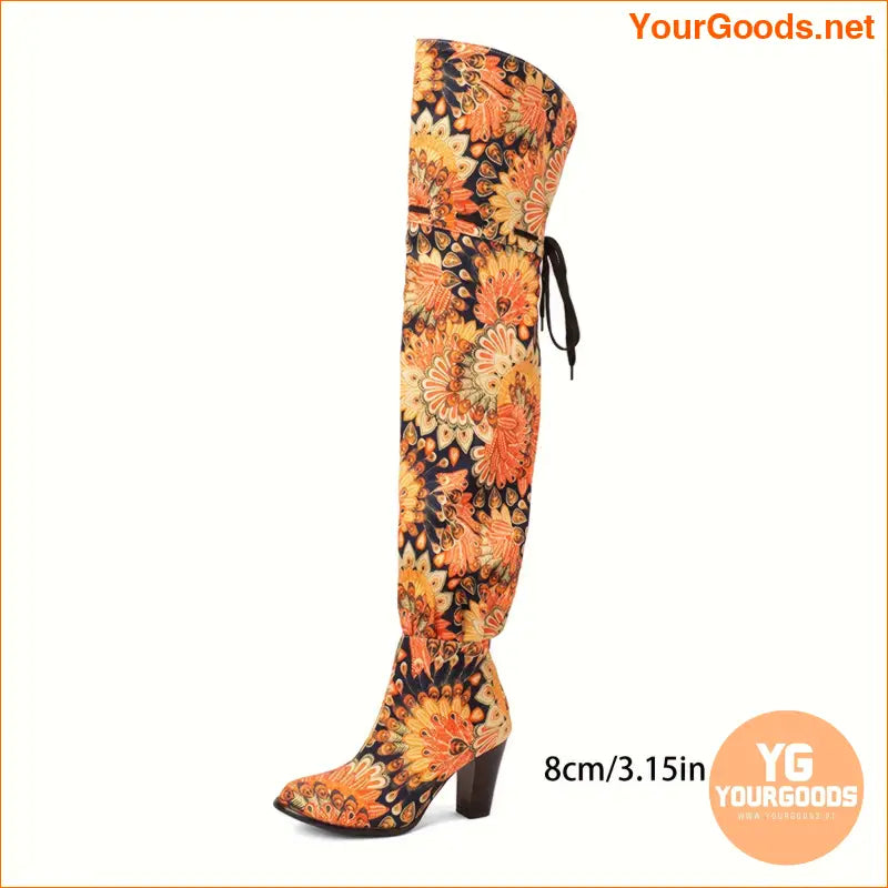 Elegant OvertheKnee Floral LaceUp Block Heel Boots - YourGoods Online Shop