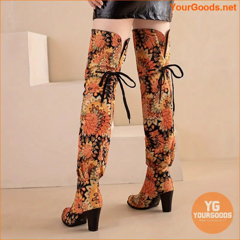 Elegant OvertheKnee Floral LaceUp Block Heel Boots - YourGoods Online Shop