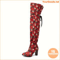 Elegant OvertheKnee Floral LaceUp Block Heel Boots - YourGoods Online Shop