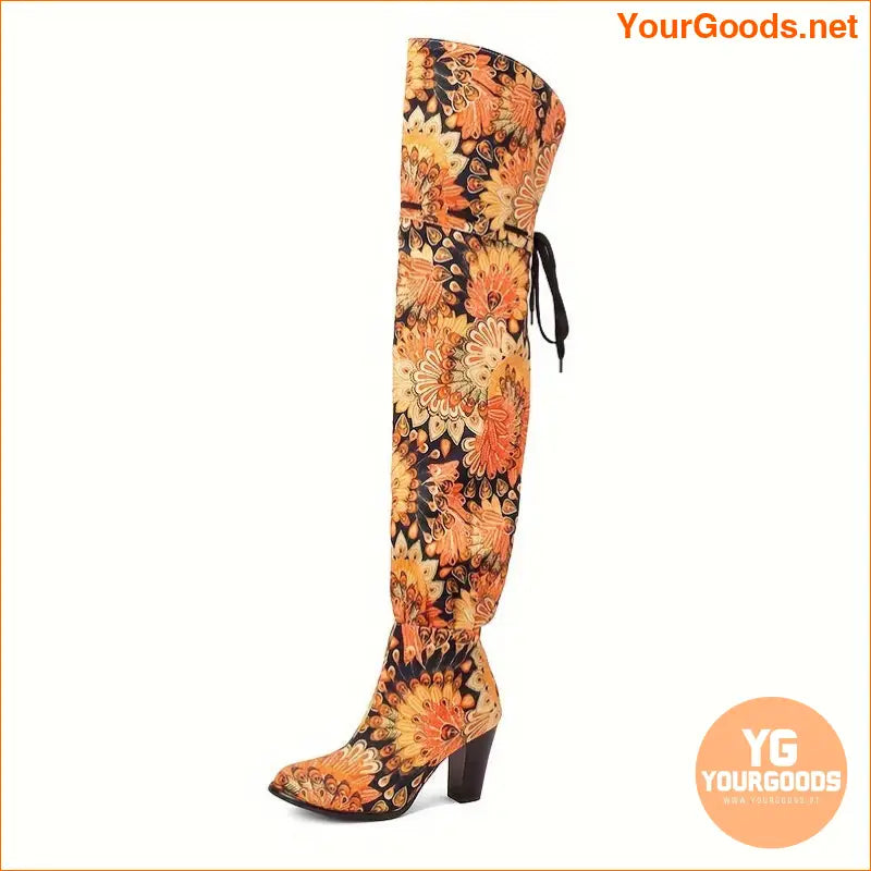 Elegant OvertheKnee Floral LaceUp Block Heel Boots - YourGoods Online Shop