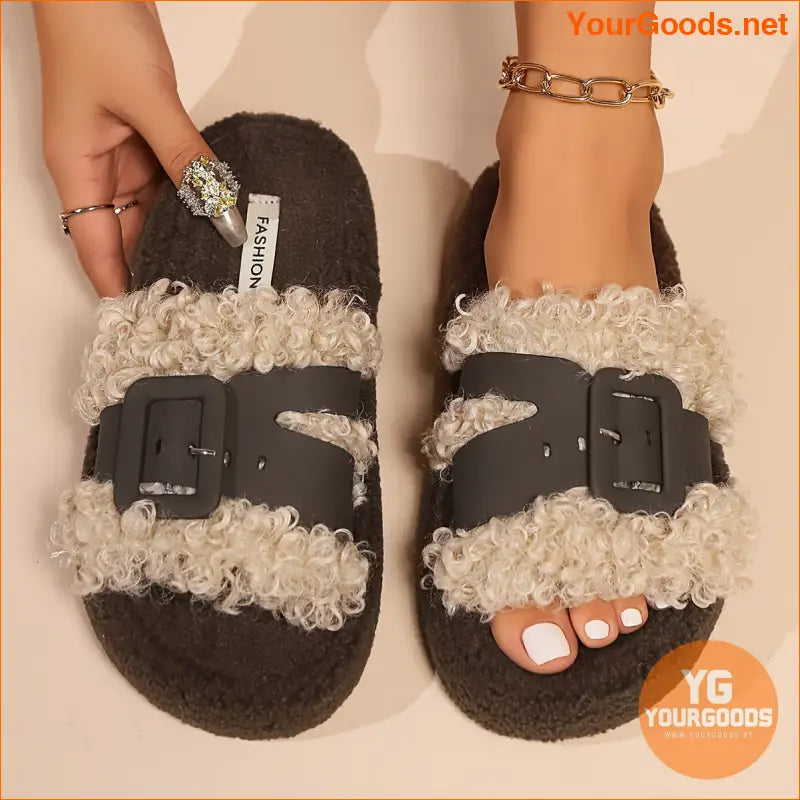 Elegant Womens Teddy Fleece Indoor Slippers with Thick Sole - YourGoods Online Shop