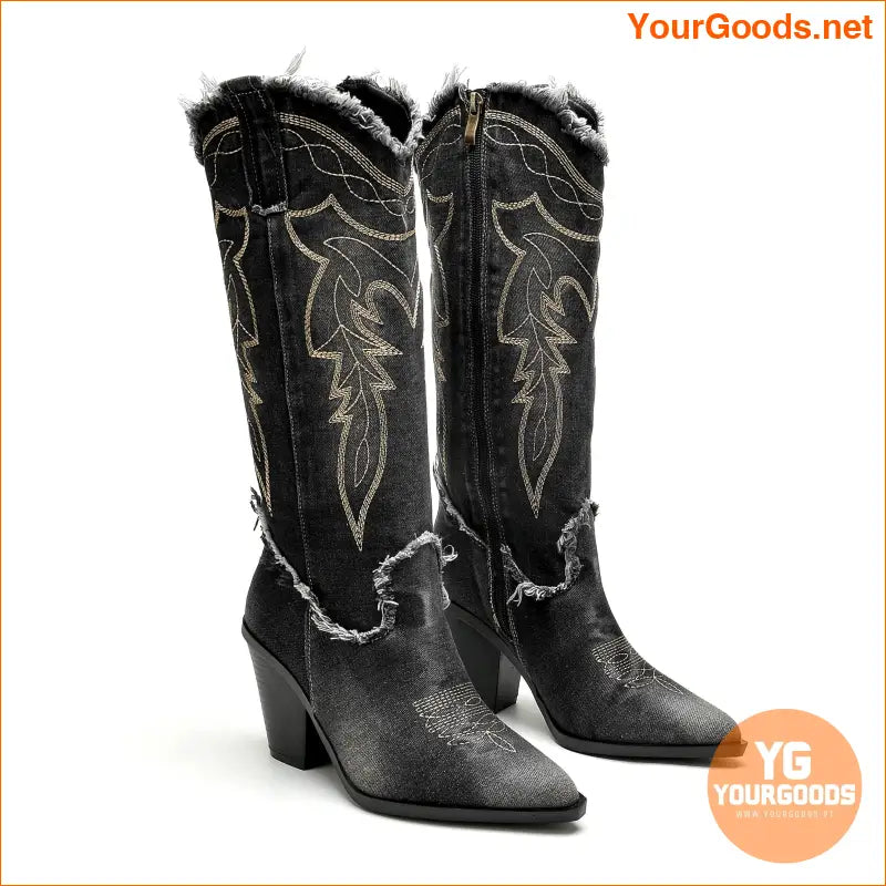 Embroidered Chunky Heel Denim Cowgirl Boots Knee High - YourGoods Online Shop