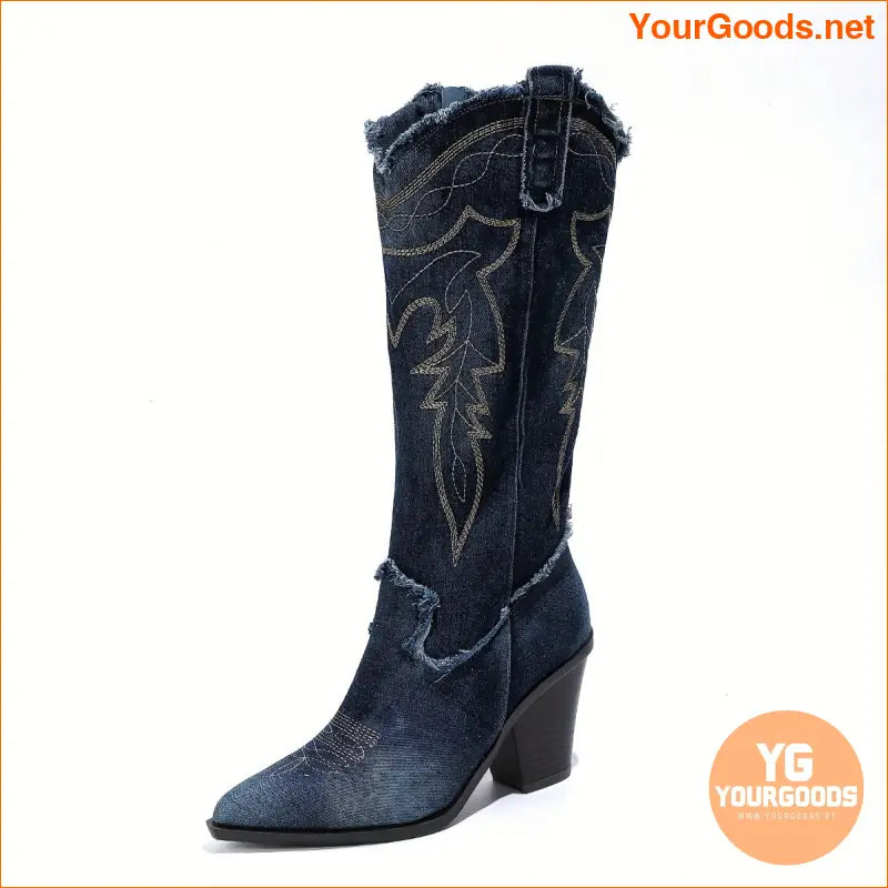 Embroidered Chunky Heel Denim Cowgirl Boots Knee High - YourGoods Online Shop