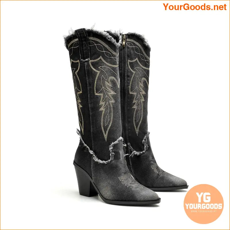 Embroidered Chunky Heel Denim Cowgirl Boots Knee High - YourGoods Online Shop