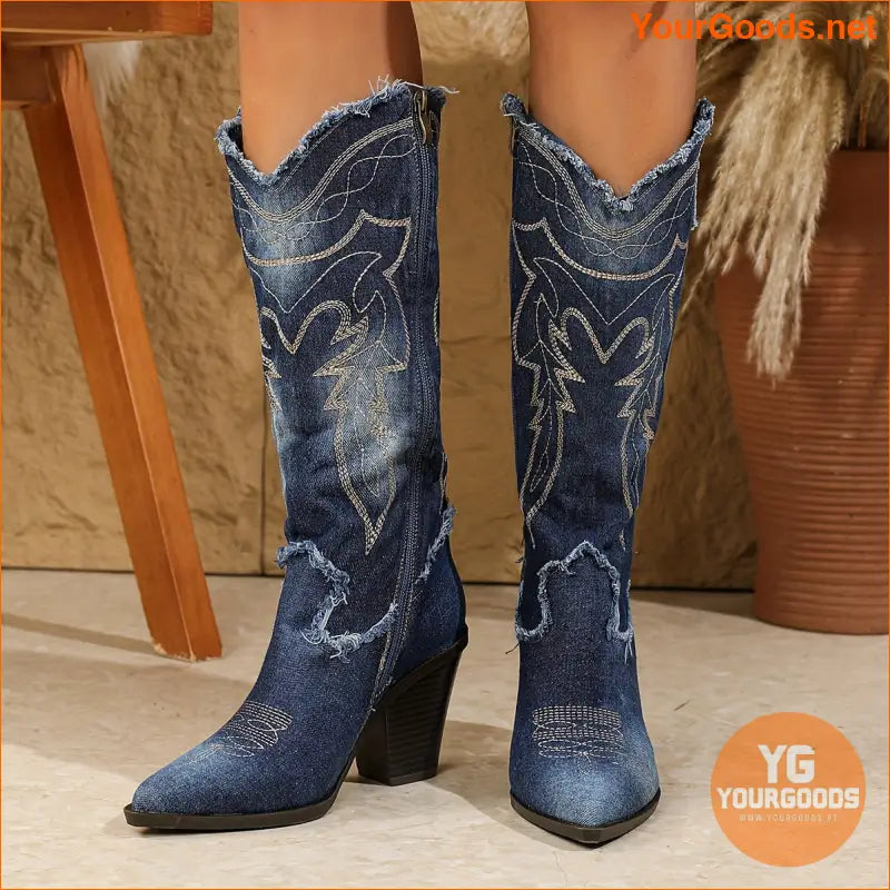 Embroidered Chunky Heel Denim Cowgirl Boots Knee High - YourGoods Online Shop