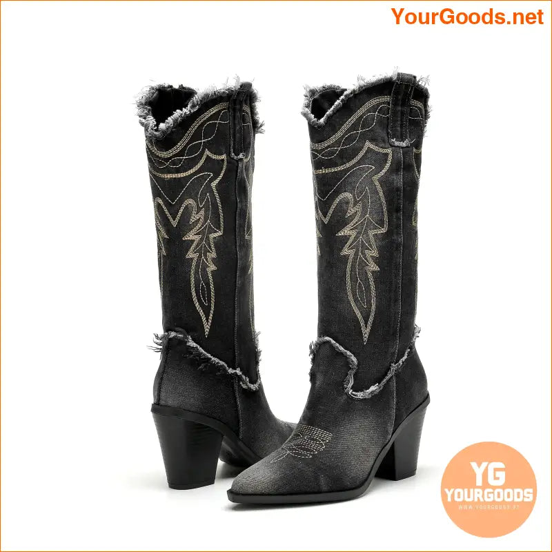 Embroidered Chunky Heel Denim Cowgirl Boots Knee High - YourGoods Online Shop