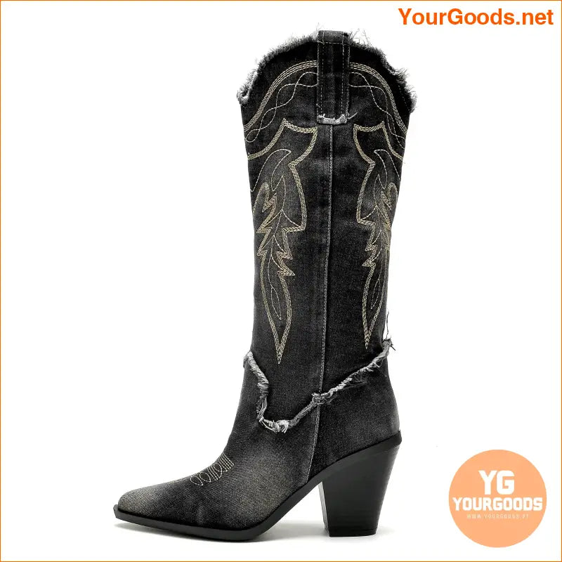 Embroidered Chunky Heel Denim Cowgirl Boots Knee High - YourGoods Online Shop