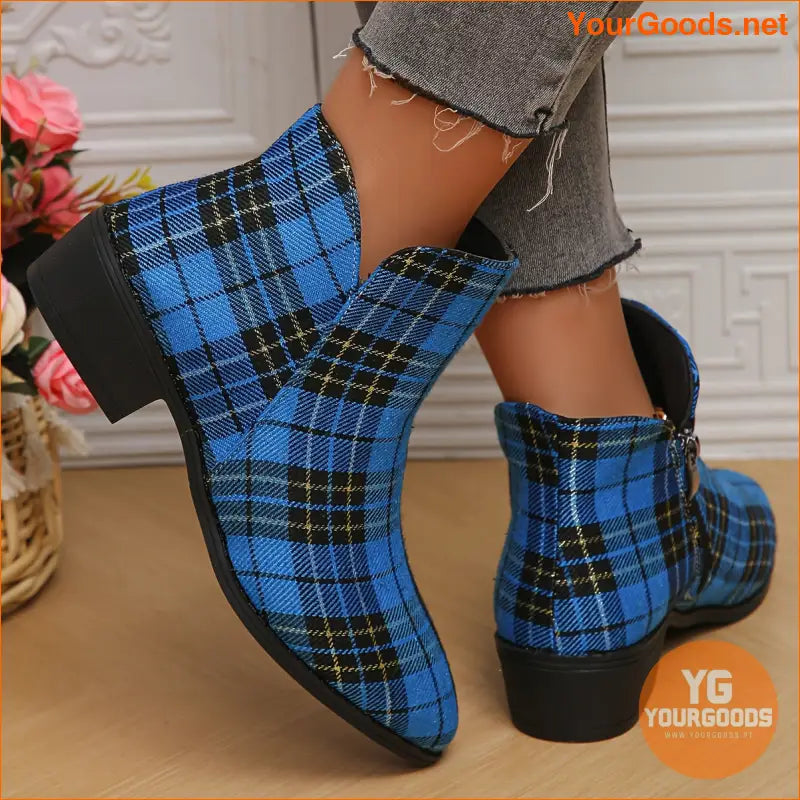 Festive Womens Plaid Ankle Boots with Chunky Heels - YourGoods Online Shop