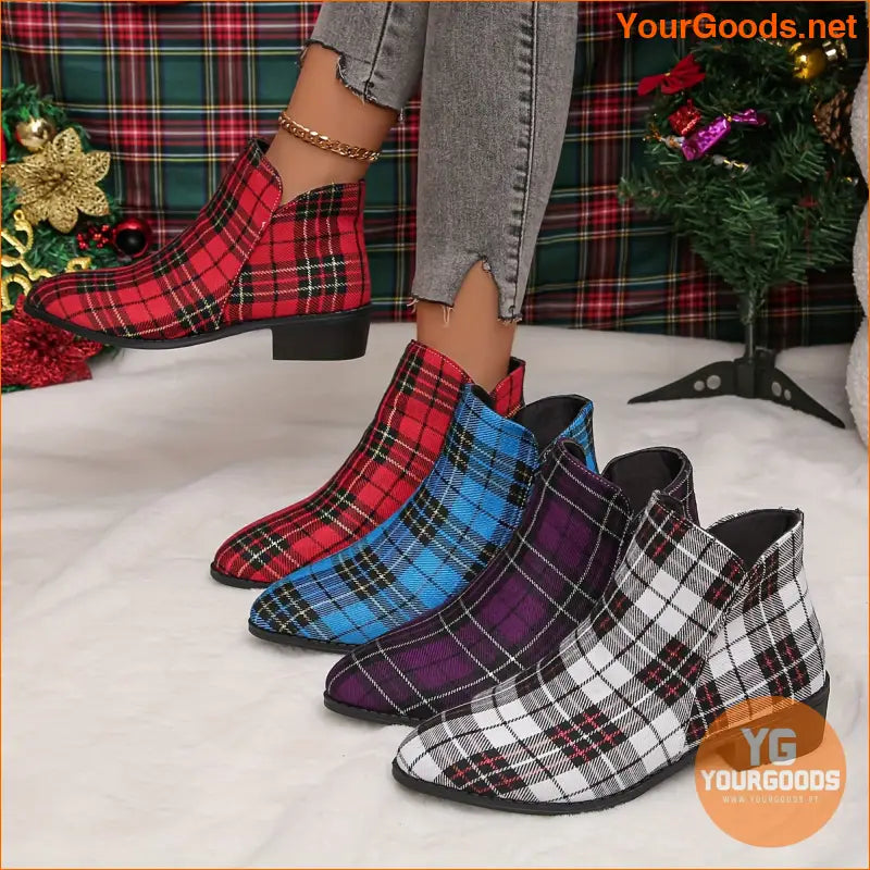 Festive Womens Plaid Ankle Boots with Chunky Heels - YourGoods Online Shop