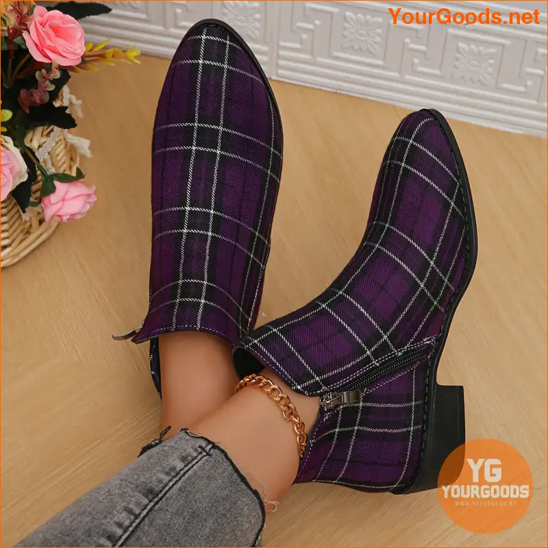 Festive Womens Plaid Ankle Boots with Chunky Heels - YourGoods Online Shop