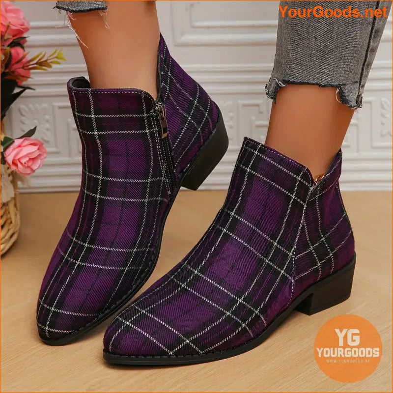 Festive Womens Plaid Ankle Boots with Chunky Heels - YourGoods Online Shop