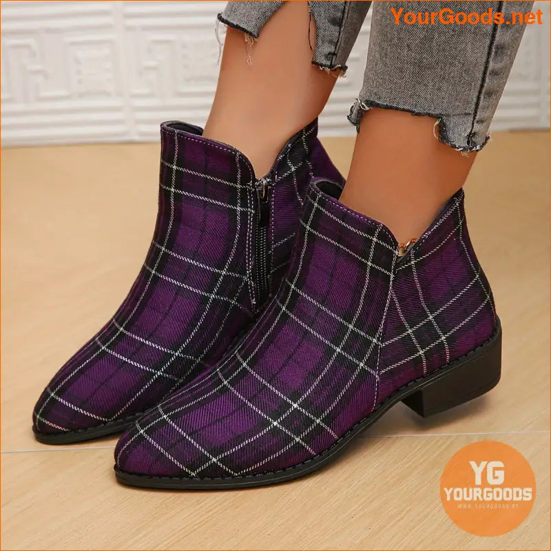 Festive Womens Plaid Ankle Boots with Chunky Heels - YourGoods Online Shop