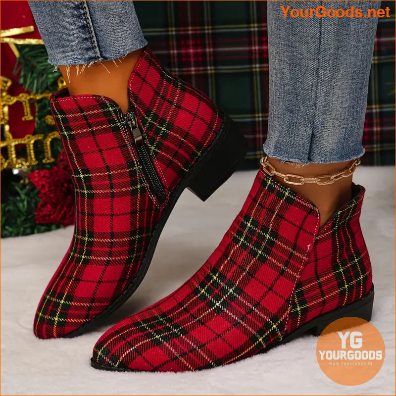 Festive Womens Plaid Ankle Boots with Chunky Heels - YourGoods Online Shop