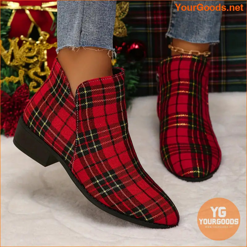 Festive Womens Plaid Ankle Boots with Chunky Heels - YourGoods Online Shop