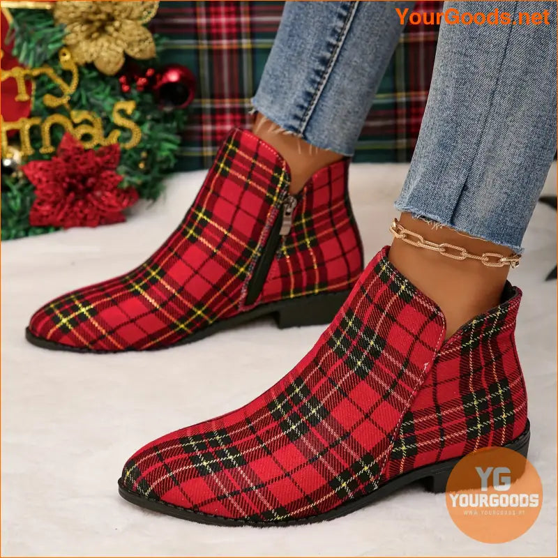 Festive Womens Plaid Ankle Boots with Chunky Heels - YourGoods Online Shop