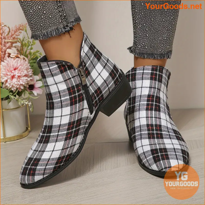 Festive Womens Plaid Ankle Boots with Chunky Heels - YourGoods Online Shop