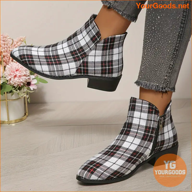 Festive Womens Plaid Ankle Boots with Chunky Heels - YourGoods Online Shop