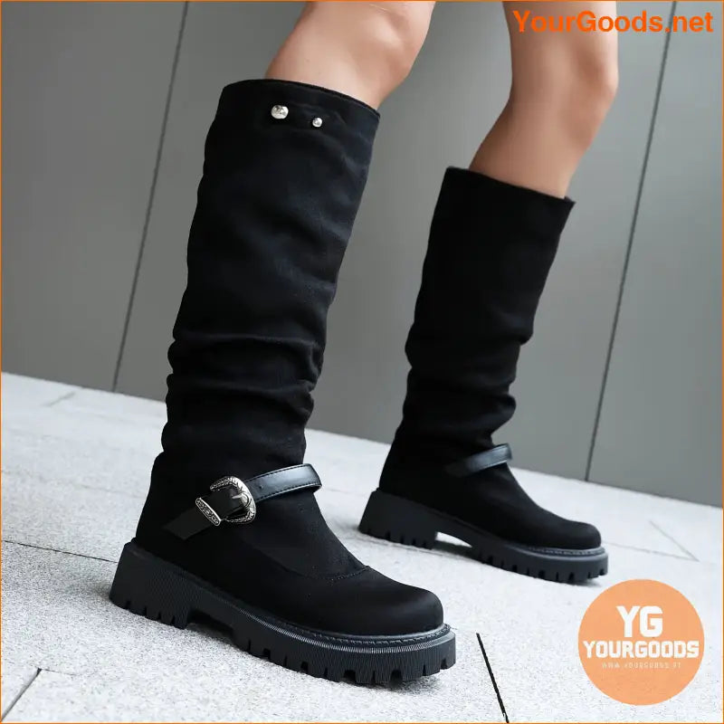 Floral KneeHigh Boots with Buckle Rivet Detailing - YourGoods Online Shop