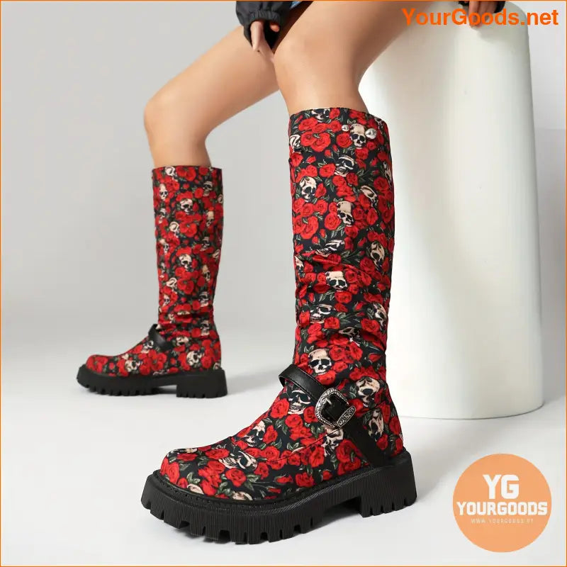 Floral KneeHigh Boots with Buckle Rivet Detailing - YourGoods Online Shop