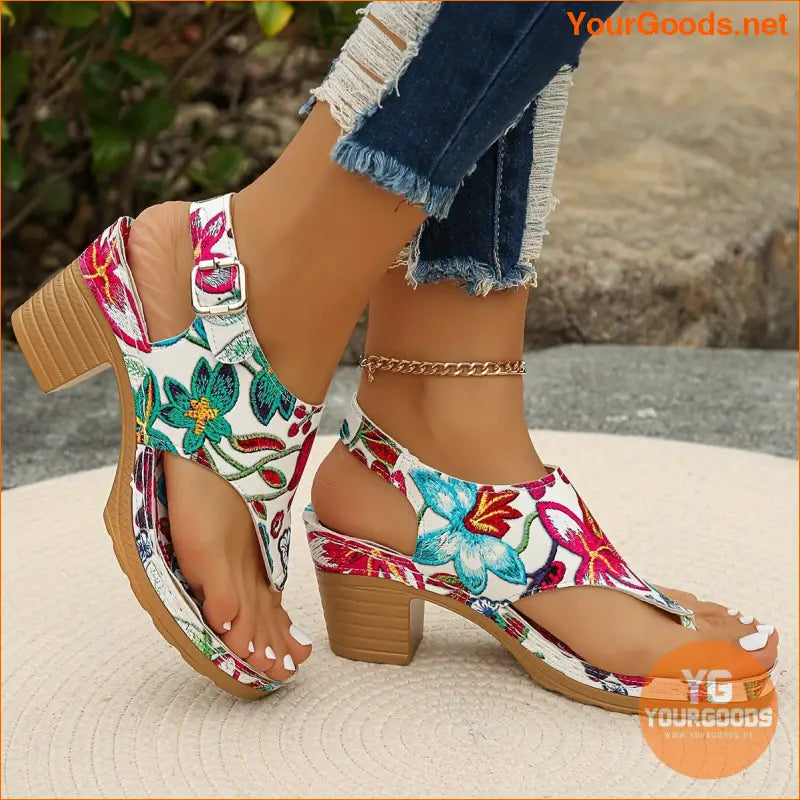 Floral Print Thong Sandals with Ankle Strap Heels - YourGoods Online Shop