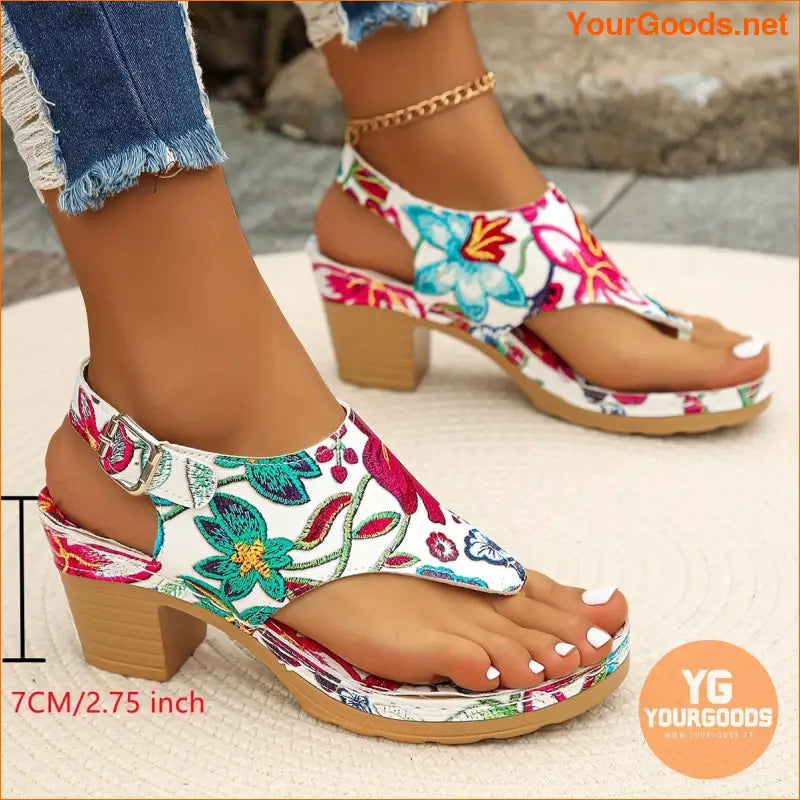 Floral Print Thong Sandals with Ankle Strap Heels - YourGoods Online Shop