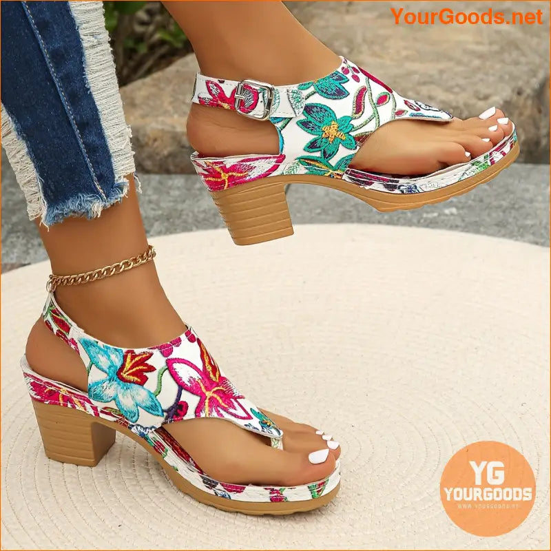 Floral Print Thong Sandals with Ankle Strap Heels - YourGoods Online Shop