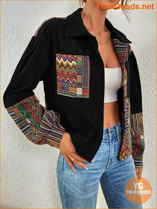 Geo Print Drop Shoulder Corduroy Jacket - YourGoods Online Shop