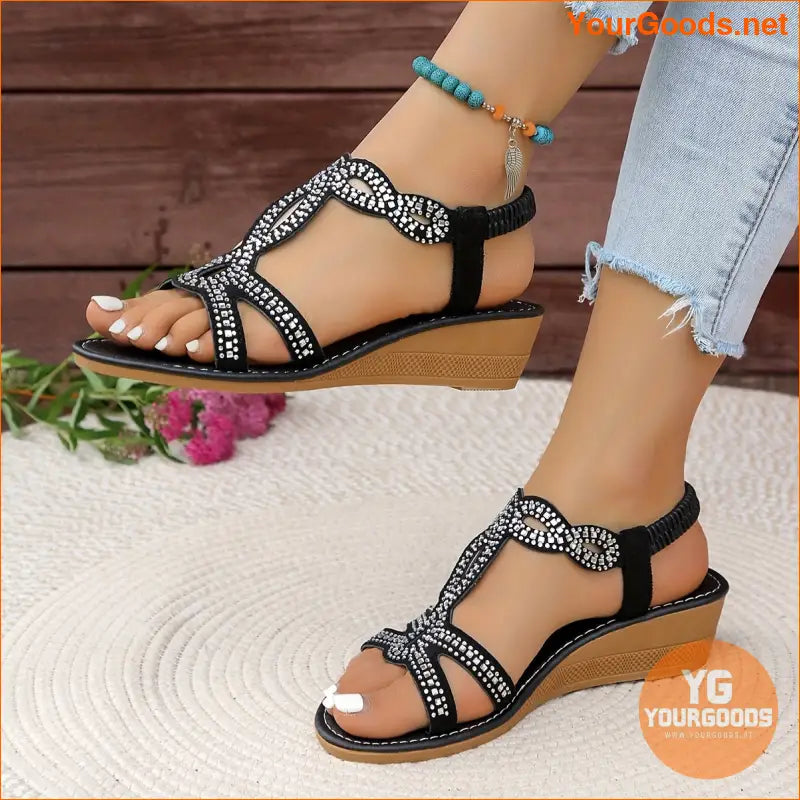 Glamorous Rhinestone Wedge Sandals Perfect for Summer Casual Chic - YourGoods Online Shop