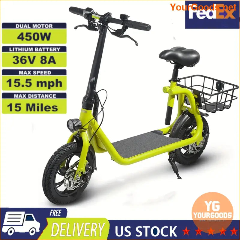 Green 450W High Speed Commuter EScooter Foldable Adjustable Seat 20 Mile Range - YourGoods Online Shop