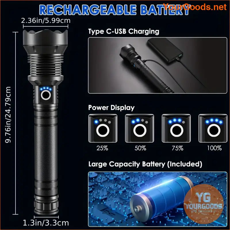 High Power Rechargeable LED Flashlight with Red Light Mode - YourGoods Online Shop