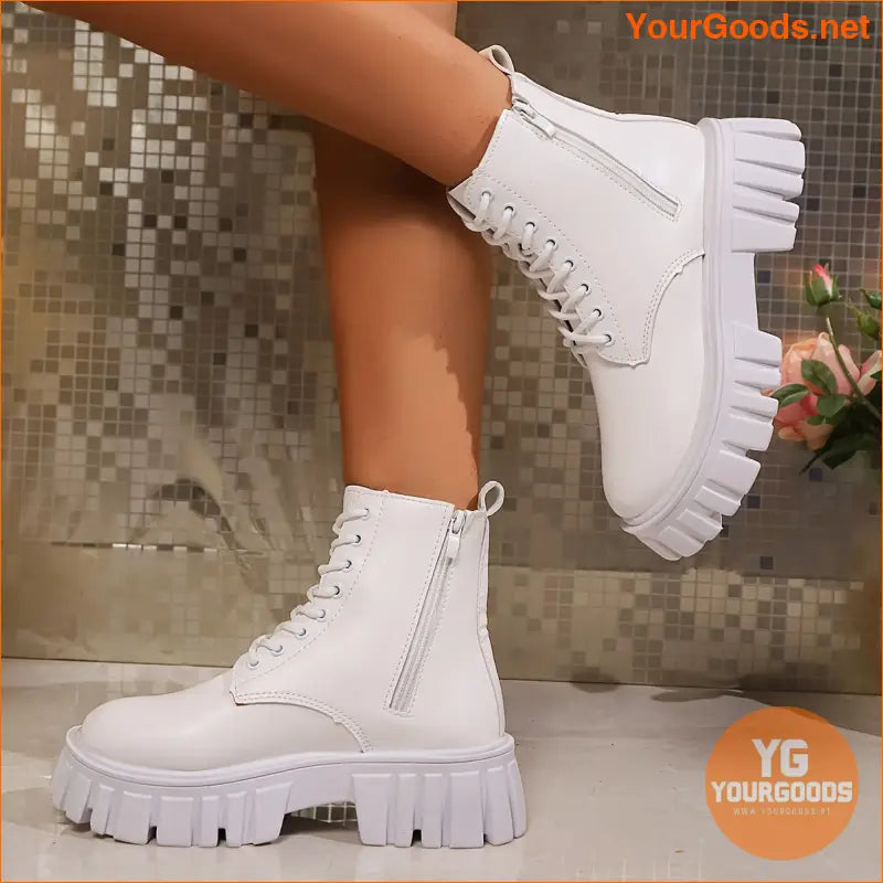 Ladies White Chunky Platform Ankle Boots Zip Closure - YourGoods Online Shop