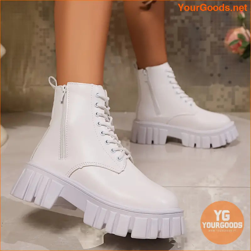 Ladies White Chunky Platform Ankle Boots Zip Closure - YourGoods Online Shop