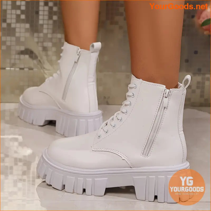 Ladies White Chunky Platform Ankle Boots Zip Closure - YourGoods Online Shop