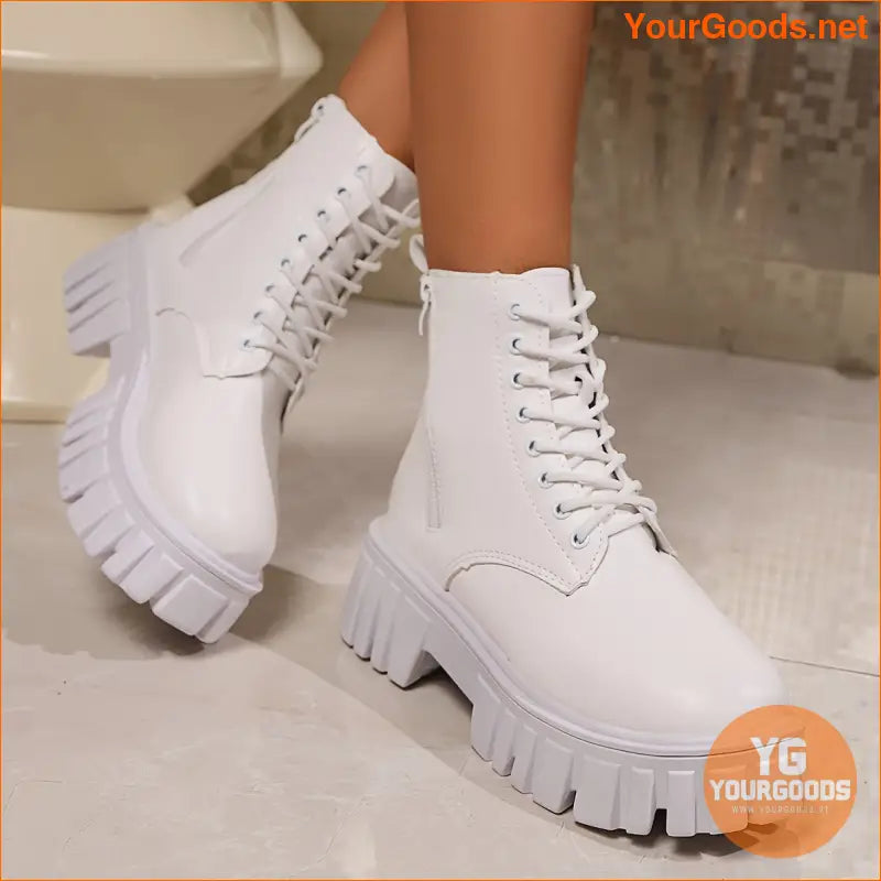 Ladies White Chunky Platform Ankle Boots Zip Closure - YourGoods Online Shop