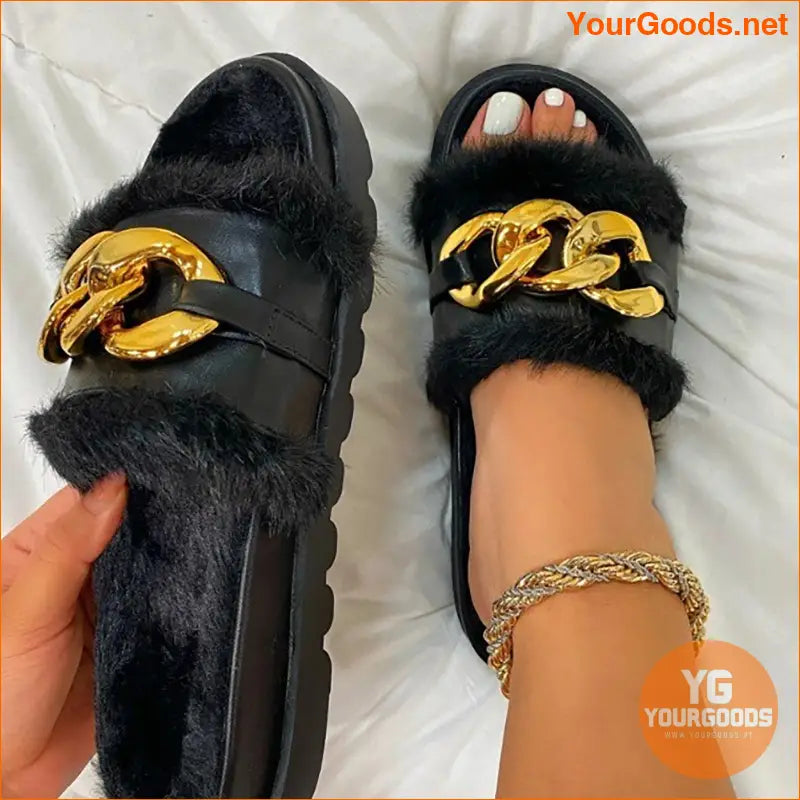 Luxurious Womens Fluffy Slippers with Metallic Chain - YourGoods Online Shop