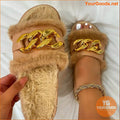 Luxurious Womens Fluffy Slippers with Metallic Chain - YourGoods Online Shop