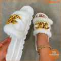 Luxurious Womens Fluffy Slippers with Metallic Chain - YourGoods Online Shop