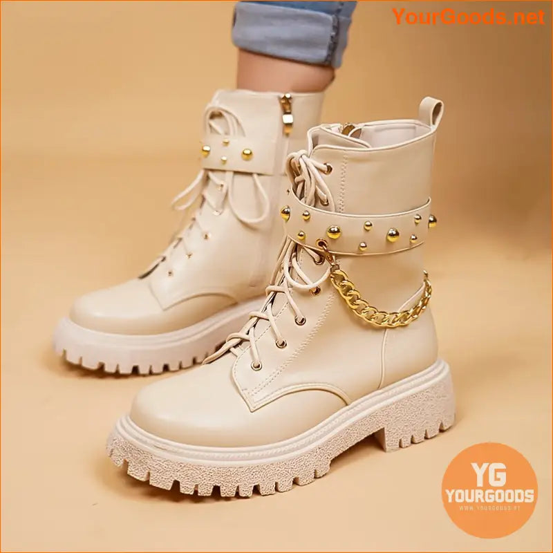 Punk Studded Chain Decor Combat Boots for Women - YourGoods Online Shop