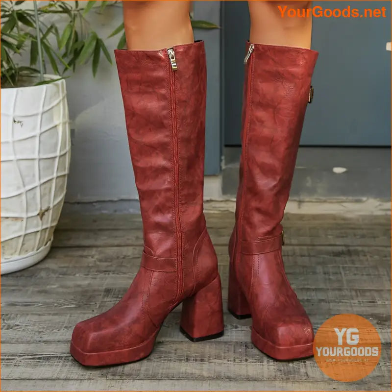 Retro Chic KneeHigh Chunky Heel Boots - YourGoods Online Shop